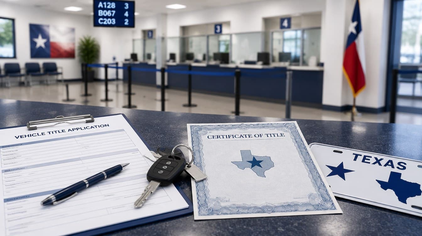 Texas vehicle title application, certificate of title, car keys and Texas license plate on a motor vehicle office counter
