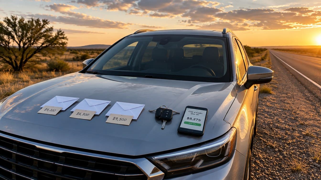 A silver SUV parked on a Texas highway shoulder at sunset with three cash-offer envelopes, car keys, and a phone on the hood
